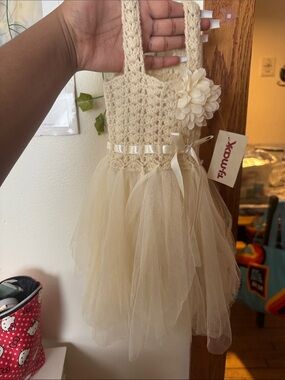 T.J.Maxx Cream Tulle Dress with Crochet Bodice and Ribbon